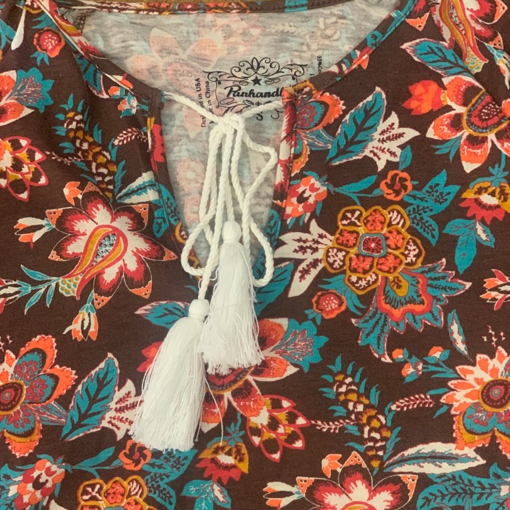 Panhandle Women's Brown with Multi-Floral Print Henley Long Bell Sleeves Top - Picture 3 of 6